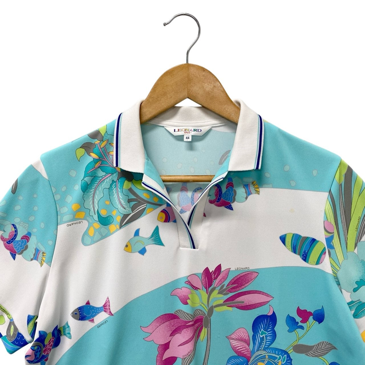 5c6 LEONARD レオナール 半袖ポロシャツ 美しいプリント 魚 花柄 0578703 44サイズ マルチカラー ポリエステル100％ レディース 女性用u02t
