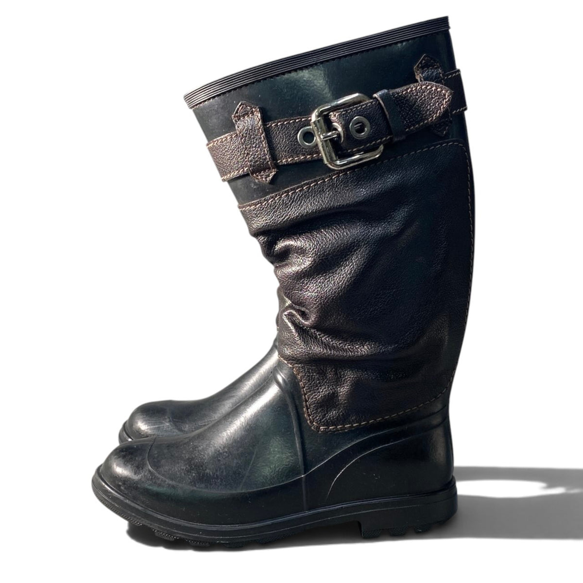 1i16 D&G DOLCE&GABBANA ドルチェアンドガッパーナ ヴィンテージ レインブーツ 切替裏ボアロングブーツ 42サイズ ダークブラウン レザー ラバー レディース 女性用u02t