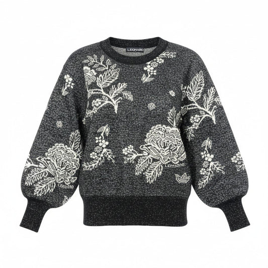 11k21 LEONARD FASHION レオナール ロングスリーブ ニットセーター ラメニット 花柄 クルーネック ウールブレンド  レディース 女性用 Ｍ ブラックu02t