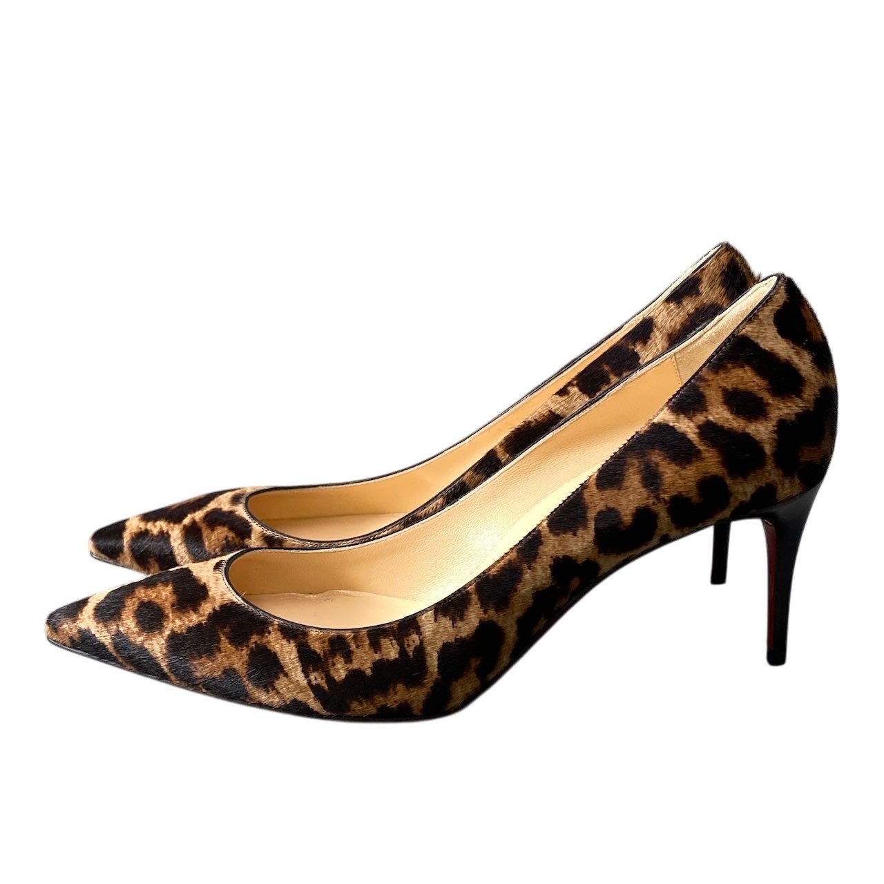 e13 Christian Louboutin クリスチャンルブタン レオパード柄 ハイヒール ポインテッドトゥヒール ハラコ サイズ37 ベージュ系 レディース 女性靴u02t