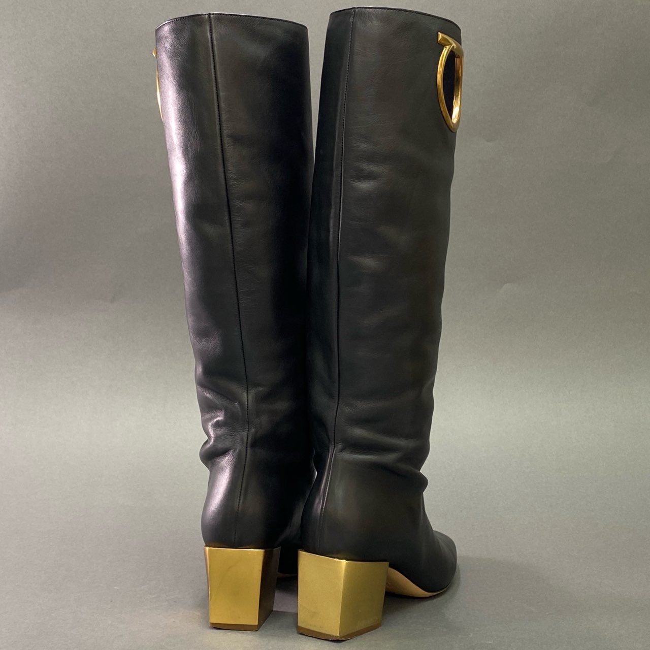 1l19 Salvatore Ferragamo サルヴァトーレ フェラガモ ガンチーニ レザーロングブーツ 9 D ブラック ゴールド Leather イタリア製 シューズ