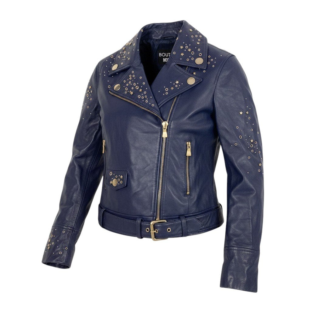 Ag16 BOUTIQUE MOSCHINO ブティック モスキーノ レザージャケット ダブルライダースジャケット 星 スタッズ サイズ38 ネイビー レディースu02t