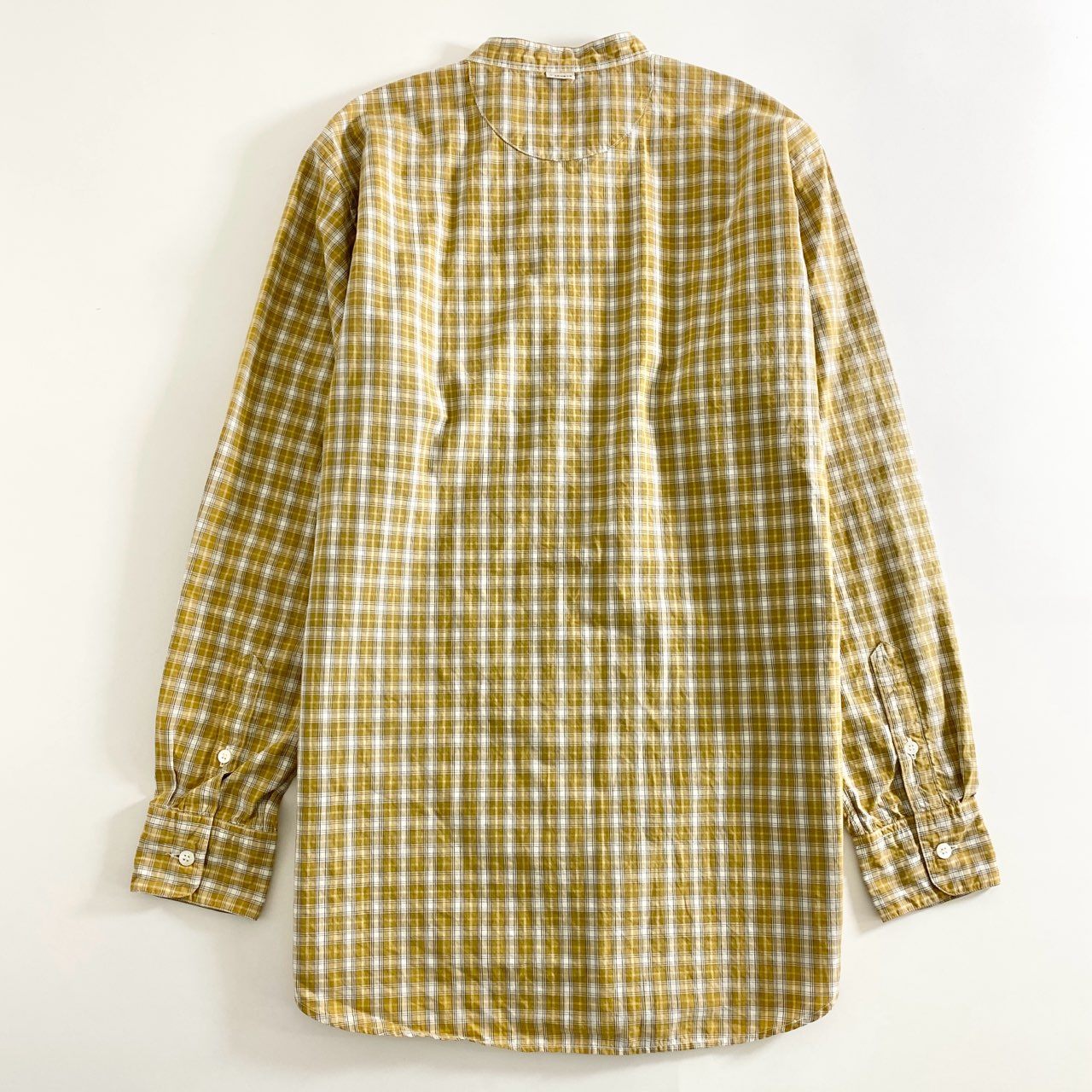 76d12 日本製 Papas パパス 長袖シャツ チェックシャツ バンドカラーシャツ M イエロー コットン100％ メンズ 紳士服