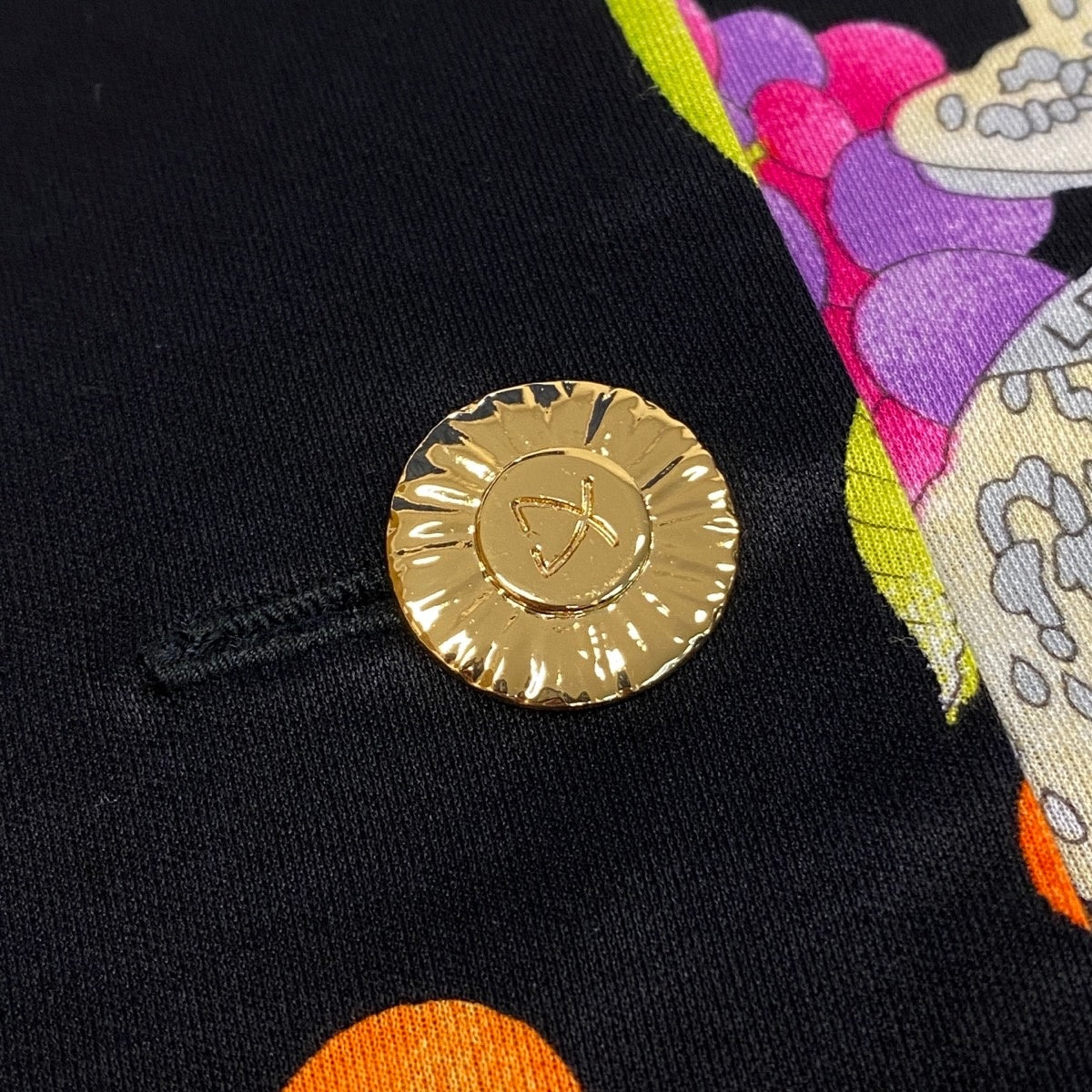 73f9【美品】 LEONARD FASHION レオナール ノーカラージャケット 七分袖カーディガン 金ボタン 美しい花柄プリント サイズL ブラック コットン100％ レディース 女性服u02t