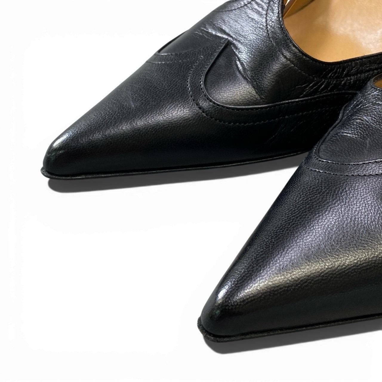 1a6 HERMES エルメス ポインテッドトゥ パンプス ヒールパンプス サンダル シューズ 37.5 ブラック レザー レディース 女性用k02i