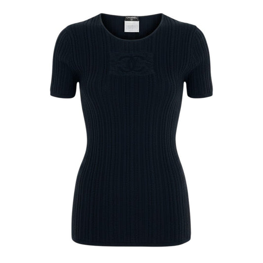 c24 CHANEL シャネル 2004 ココマーク 半袖ニット トップス P23107 サイズ38 ブラック コットン レディースu02t