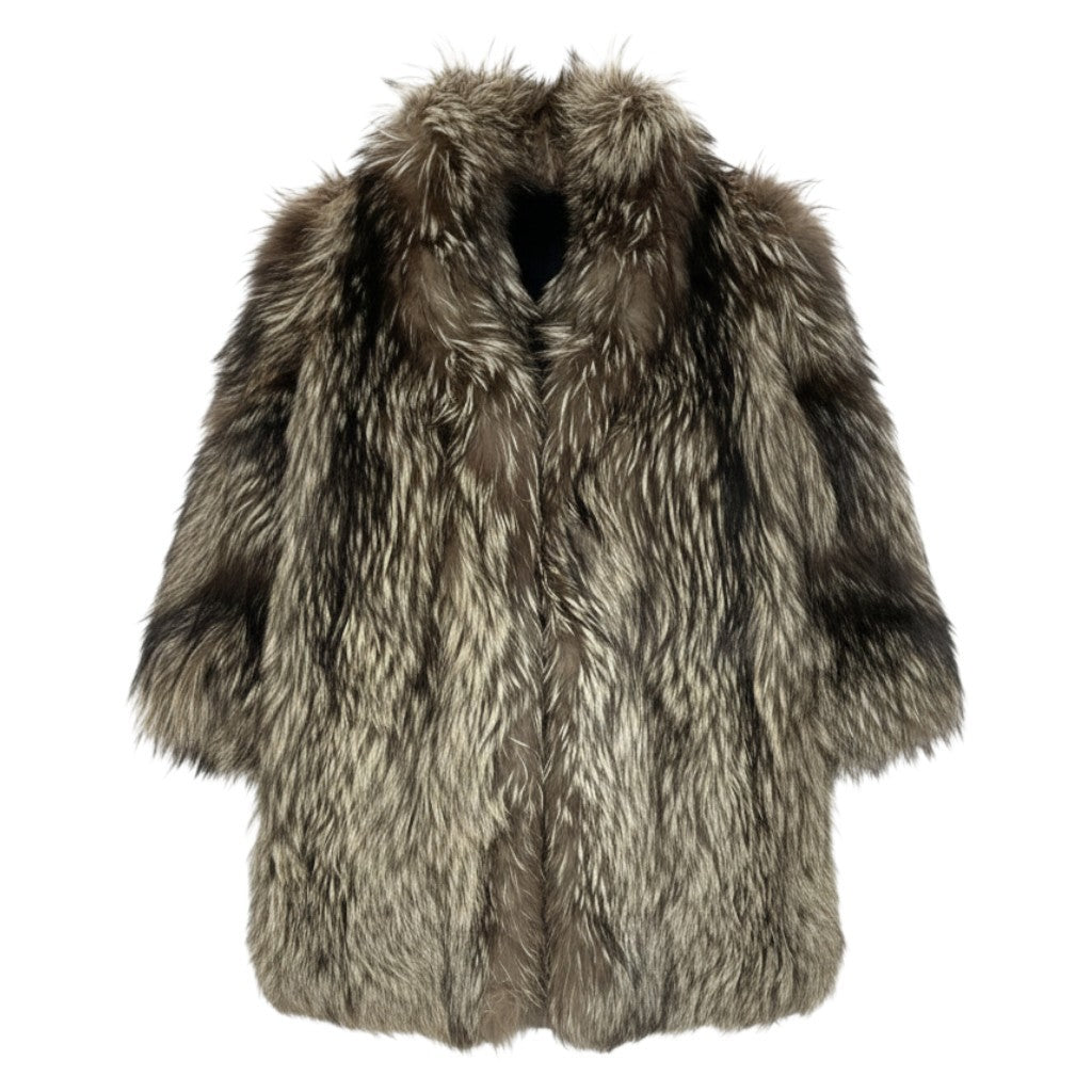 47a22 シルバーフォックス 極厚ファー ロングコート サイズ13 茶系 本毛皮 Fox Fur Long Coatt18r