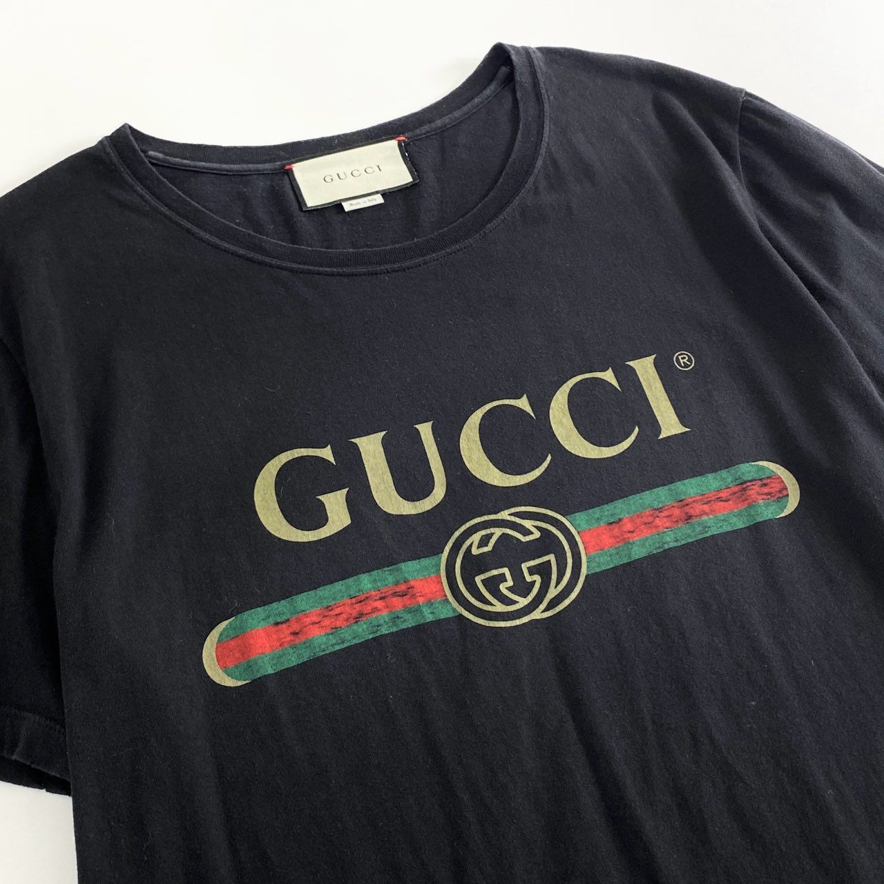 60e11 GUCCI グッチ イタリア製 ロゴ ウォッシュ オーバーサイズ ヴィンテージロゴ Tシャツ カットソー プリント 440103 Mサイズ ブラック コットン