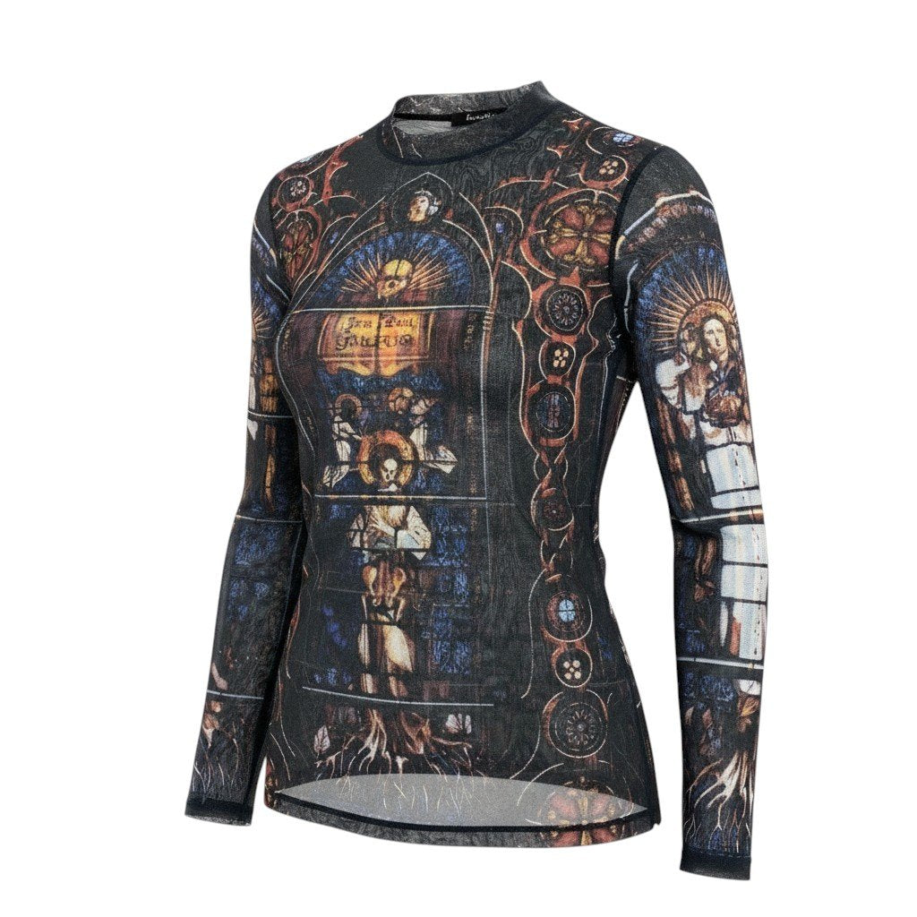 Ae14 Jean Paul GAULTIER FEMME ジャンポールゴルチエ パワーネット メッシュトップス ロングスリーブ カットソー 総柄 ブラック レディース 女性服k02i