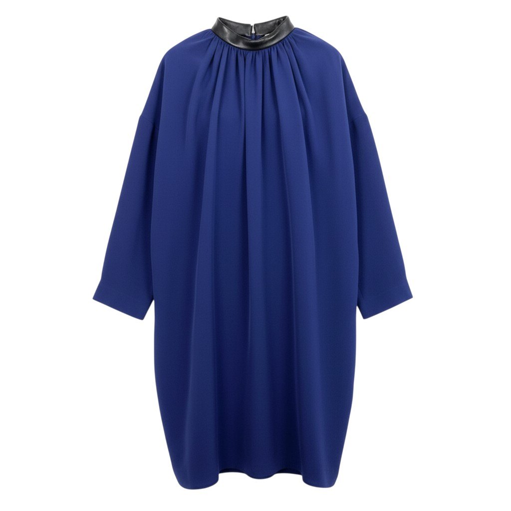 Eb10 CELINE セリーヌ フィービー期 レザーネック シルクワンピース ロングワンピース 長袖 36 ブルー シルク レディースk02i