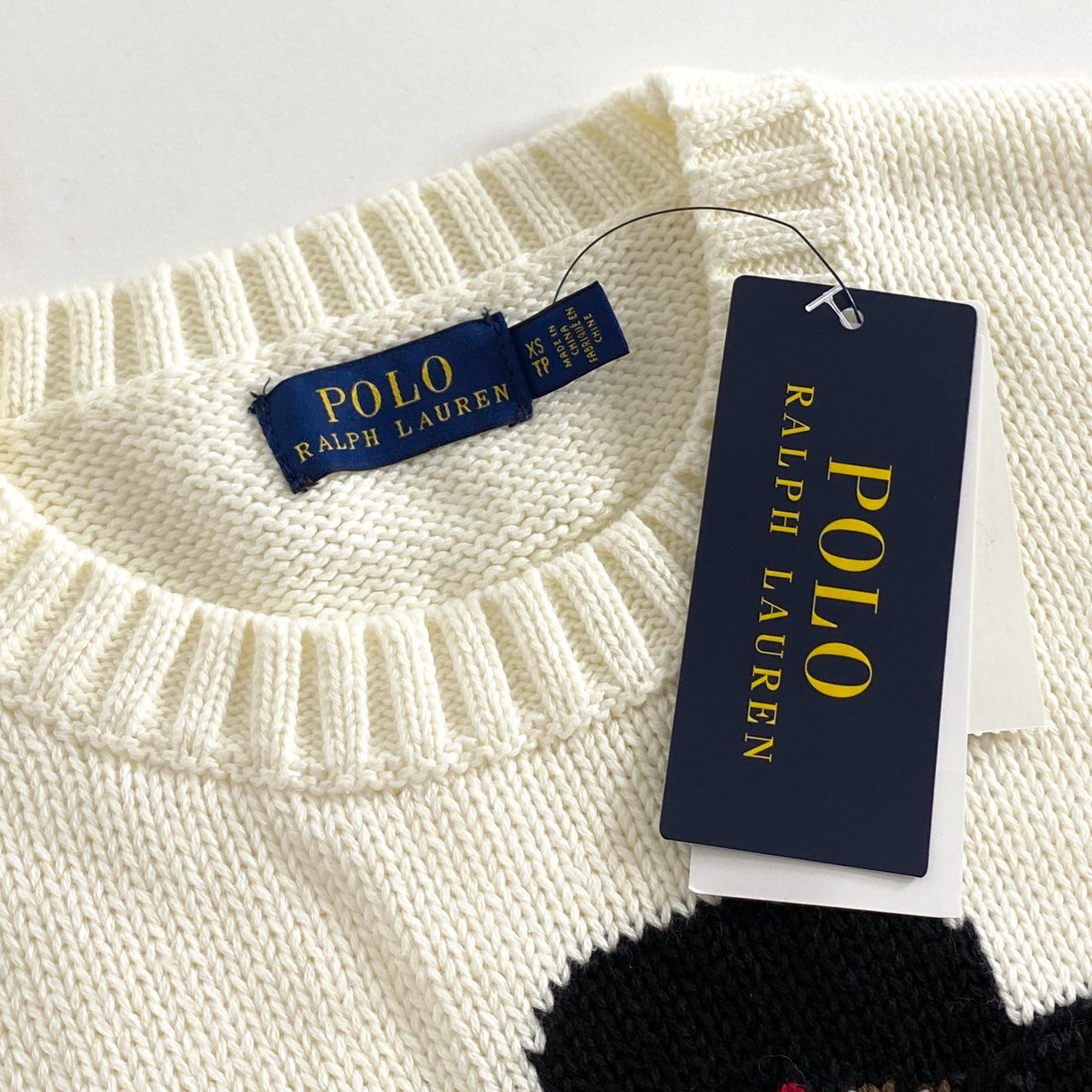 35g28  《極美品》 タグ付 POLO RALPH LAUREN ポロラルフローレン ポロベア クルーネック ニット セーター トップス フリンジ XS ホワイト クリーム系 コットン