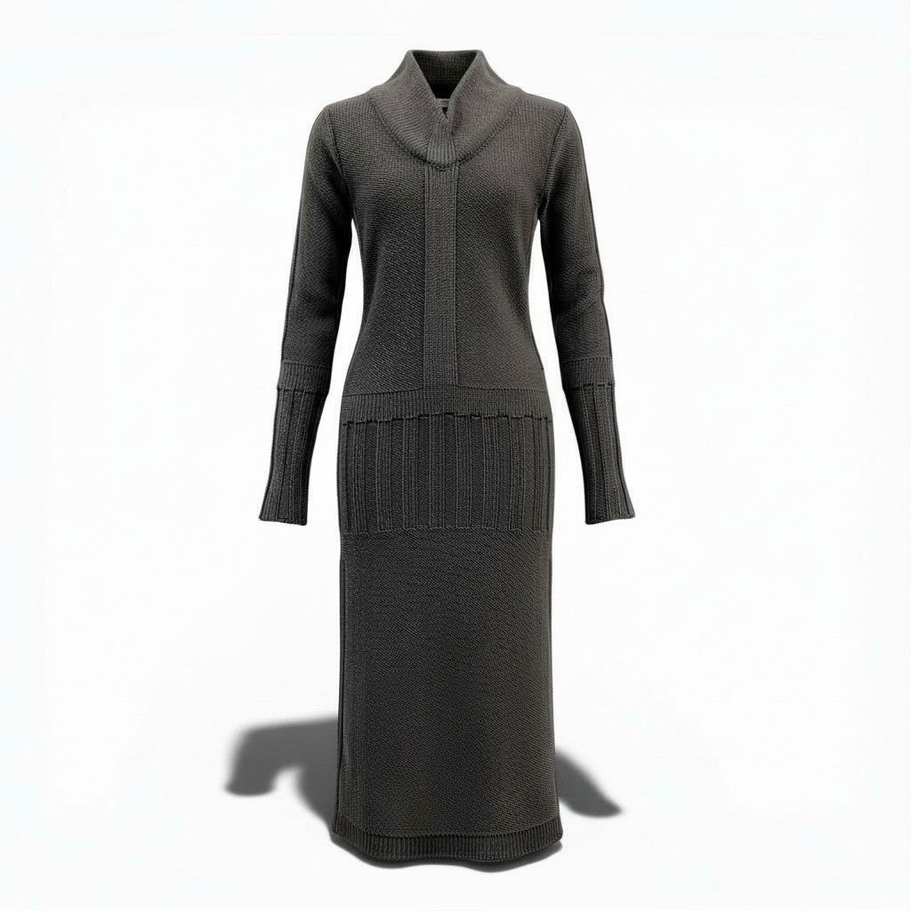 10a13 FENDI フェンディ ロングニットワンピース タイトワンピース 長袖 Vネック イタリア製 レディース 女性用 40 グレー系u02t