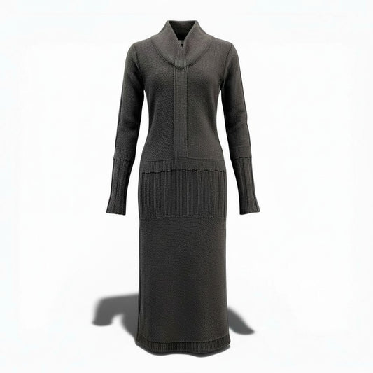 10a13 FENDI フェンディ ロングニットワンピース タイトワンピース 長袖 Vネック イタリア製 レディース 女性用 40 グレー系u02t
