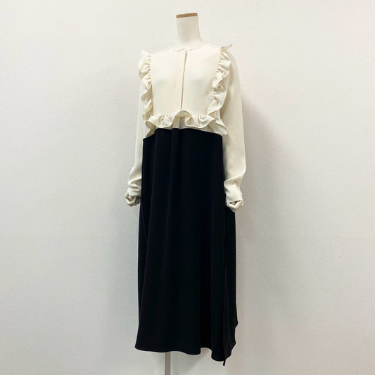 57f27 【美品】YOKO CHAN ヨーコチャン ロングスリーブ フリルトリムドレス 長袖ワンピース サイズ38 オフホワイト ブラック レディース ワンピ