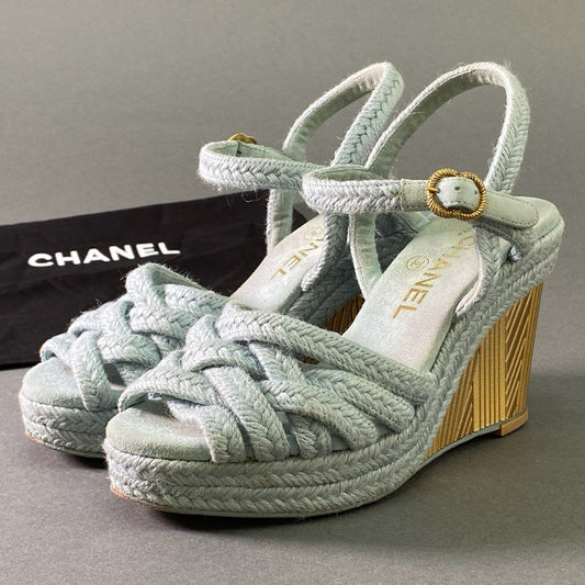 7a17 CHANEL シャネル ココマーク ウェッジソール ストラップサンダル 35C ゴールド ブルー イタリア製 厚底 シューズ 夏