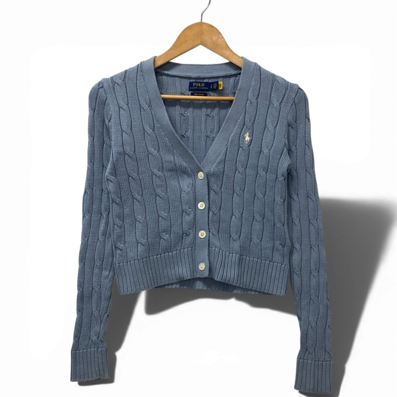 60b10 POLO RALPH LAUREN ポロラルフローレン ケーブルカーディガン ニットセーター トップス 胸元ロゴ刺繍 Sサイズ ブルー コットン100％ レディース 女性用u02t