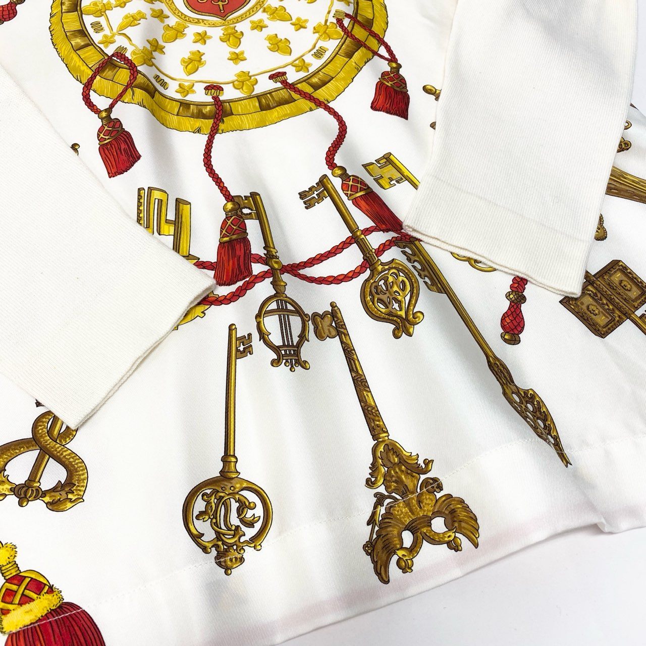 Ia29 HERMES エルメス 長袖シャツ 長袖ニットセーター 異素材切替 スカーフ柄 シルク100％ イタリア製 Sサイズ ホワイト レディースo07t