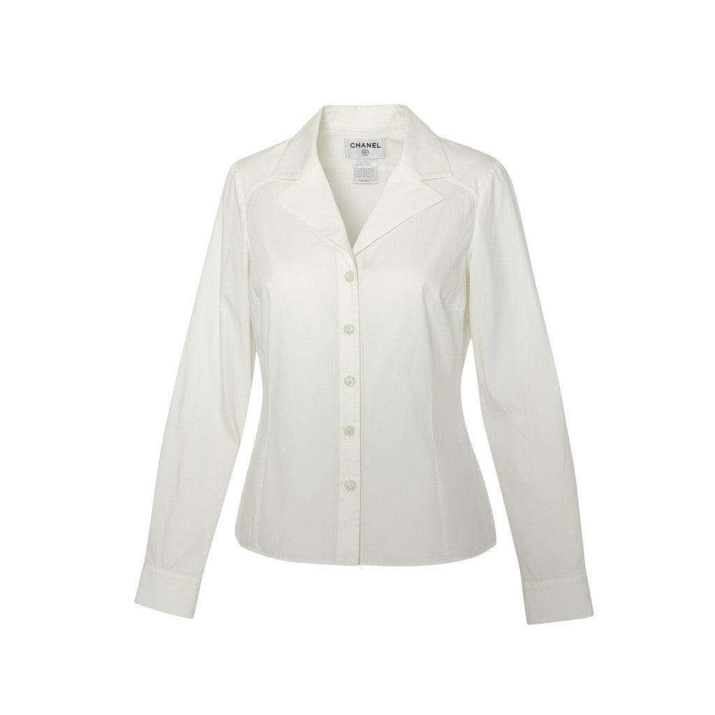 k30 CHANEL シャネル フランス製 オープンカラー 長袖シャツ ココマーク コットンブレンド レディース 女性用 38 ホワイトu02t