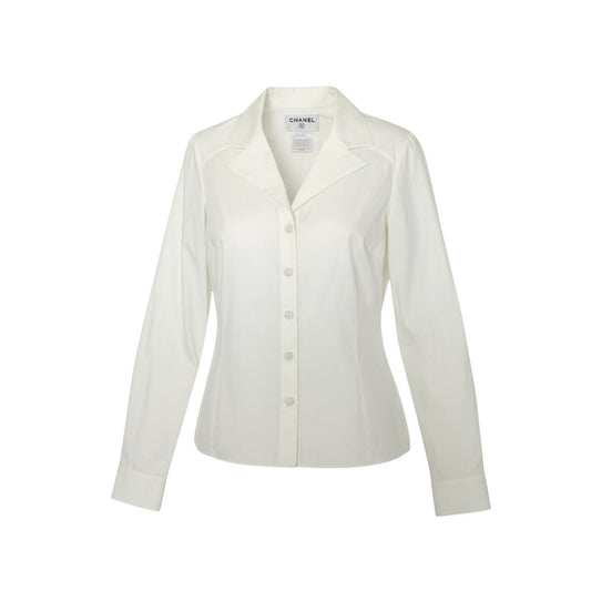 k30 CHANEL シャネル フランス製 オープンカラー 長袖シャツ ココマーク コットンブレンド レディース 女性用 38 ホワイトu02t