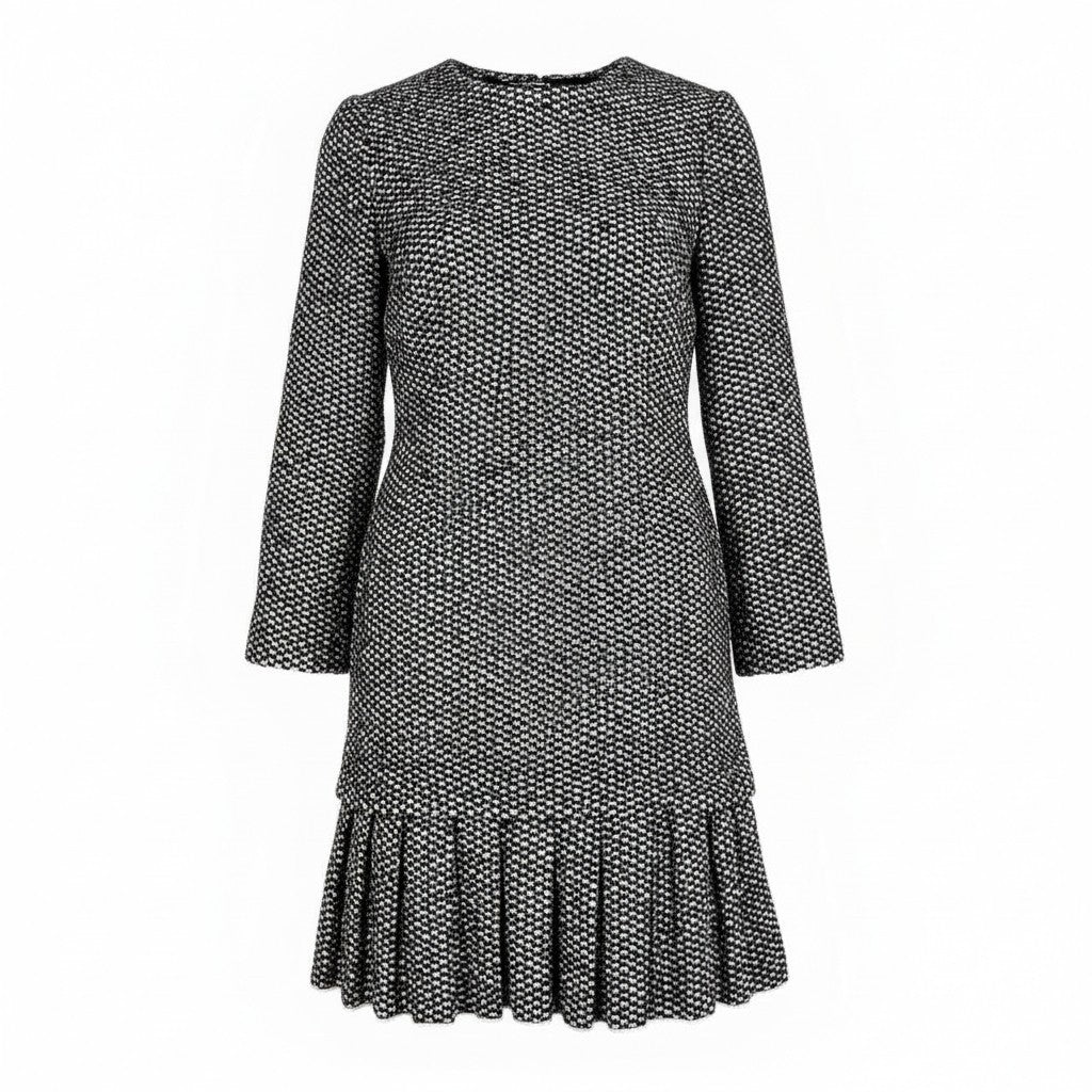 58a21【極美品】 DOLCE&GABBANA ドルチェアンドガッパーナ ツイードワンピース ウールワンピース 裾フリル ロングスリーブ レディース 女性用 40 ブラック ホワイトu02t