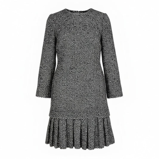 58a21【極美品】 DOLCE&GABBANA ドルチェアンドガッパーナ ツイードワンピース ウールワンピース 裾フリル ロングスリーブ レディース 女性用 40 ブラック ホワイトu02t