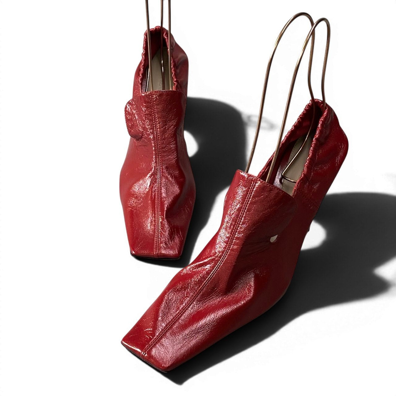 f10 【美品】 BOTTEGA VENETA ボッテガヴェネタ スクエアトゥ ヒール パンプス ローファー ブーティ イタリア製 40 1/2 レッド レザー レディースk02i