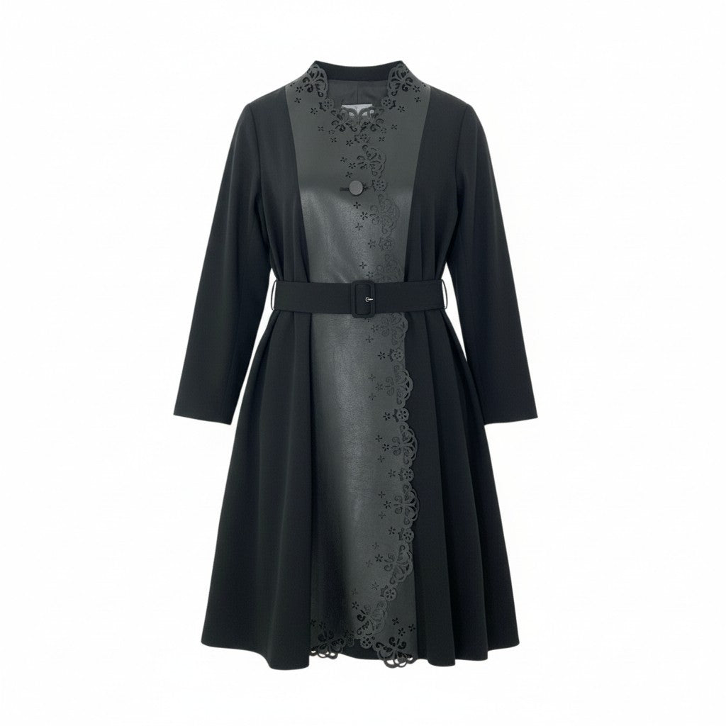 28k29 TOKUKO 1er VOL トクコプルミエヴォル レザー切替 ロングコート フラワーパンチング レザー ストレッチ○ レディース 女性用 9 ブラックu02t