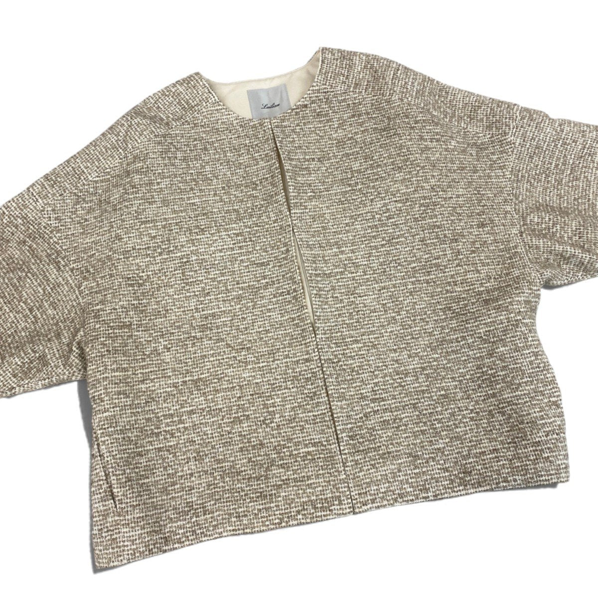 19i30 【極美品】Leilian レリアン ツイードジャケット ノーカラージャケット 日本製 13+サイズ ベージュブラウン レディース 女性用u02t