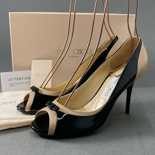 8d21 【極美品】 JIMMY CHOO ジミーチュウ オープントゥ レザーパンプス 247AGNES 37 ブラック/ベージュ レディース 靴