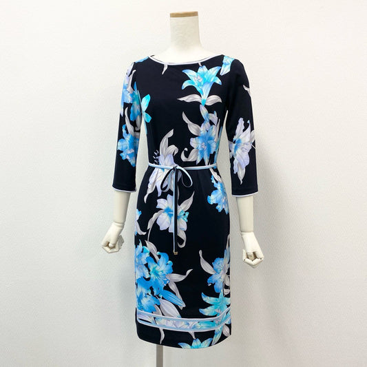 45h26 LEONARD FASHION レオナール カンカン素材 花柄プリント バックジップ 五分袖ワンピース ドレス チュニック ウエストマーク 34 ブルー ブラック レディースo07t