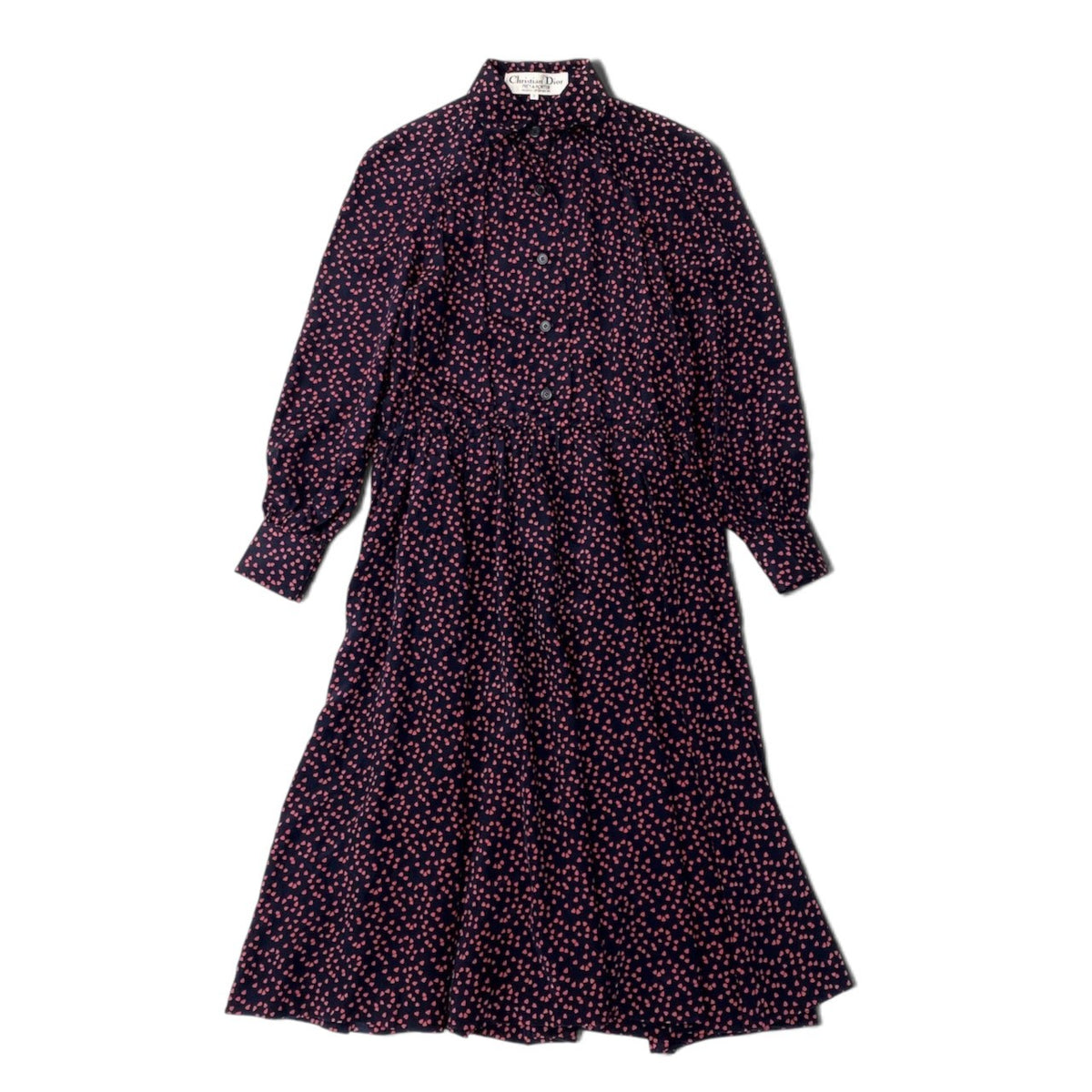 88i15 Christian Dior クリスチャンディオール ロングスリーブ シルクシャツワンピース 総柄 ハートプリント サイズ7 ネイビー レッド レディースo07t