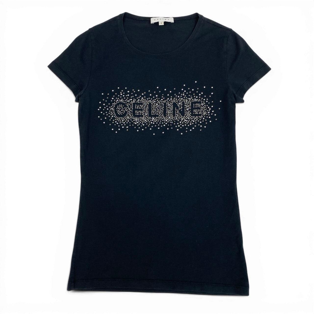 Ic27 CELINE セリーヌ ラインストーンロゴTシャツ 半袖Tシャツ ストレッチ素材 トップス Sサイズ ブラック レディース 女性用u02t