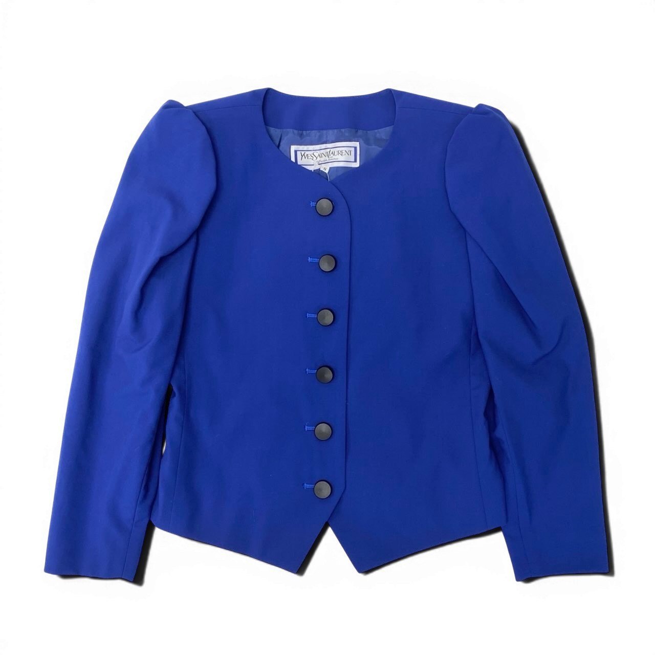 88g20 【美品】YVESAINTLAURENT イヴサンローラン パフショルダージャケット ノーカラージャケット アウター Sサイズ ブルー ウール100％ レディース 女性用u02t