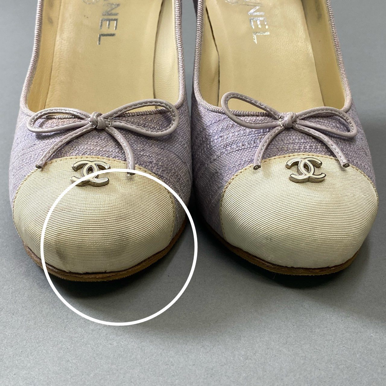 3i30 CHANEL シャネル ココマーク パンプス ヒール リボン バイカラー イタリア製 37 1/2サイズ パープル アイボリー レディースt18r