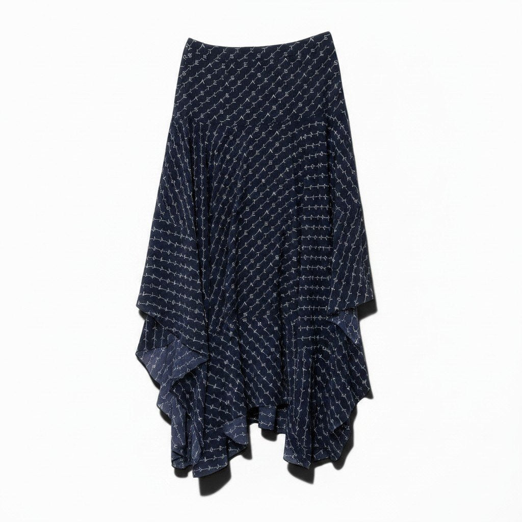 If6 STELLA McCARTNEY ステラマッカートニー アシンメトリーデザイン ロゴプリント 変形スカート  サイズ38 ネイビー シルク100％ レディース 女性用u02t