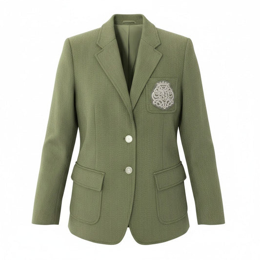50e8【美品】 LAUREN RALPH LAUREN ローレン ラルフローレン ブリオンストレッチ コットンジャガード ブレザー テーラードジャケット ロゴパッチ 刻印ボタン サイズ２ カーキ レディース 女性用u02t