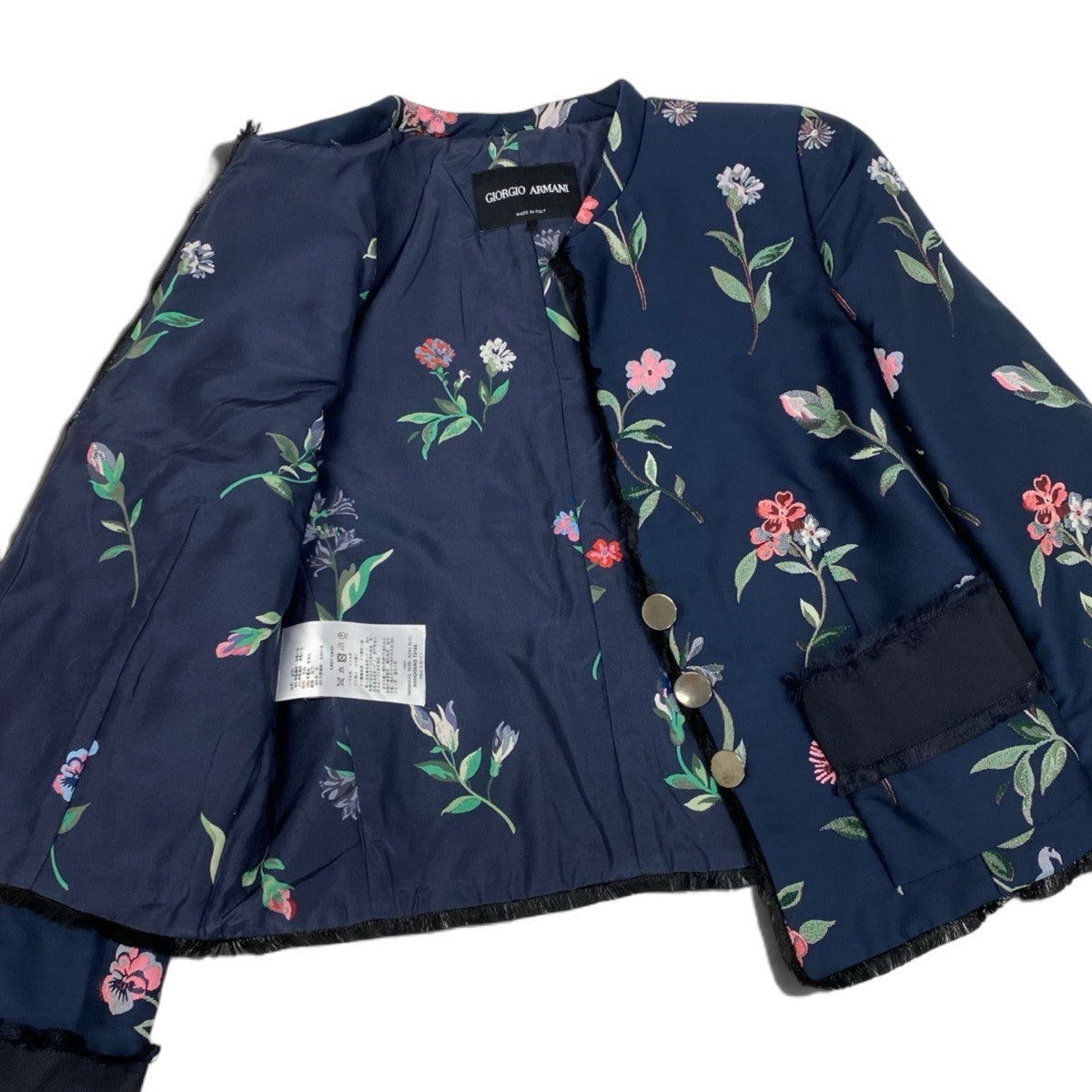 78j6 【美品】GIORGIO ARMANI ジョルジオアルマーニ ノーカラージャケット 花柄 フリンジ イタリア製 ネイビー レディース 女性用u02t