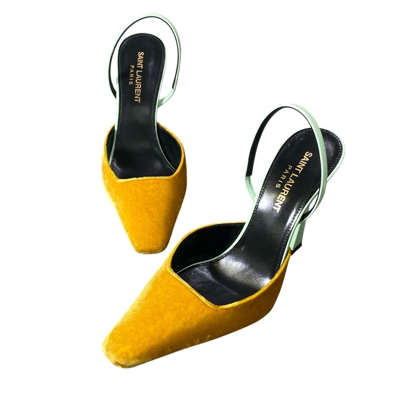g14【美品】SAINT LAURENT スリングバック パンプス イタリア製 36サイズ イエロー グリーン ベルベット レザー レディース 女性用k02i