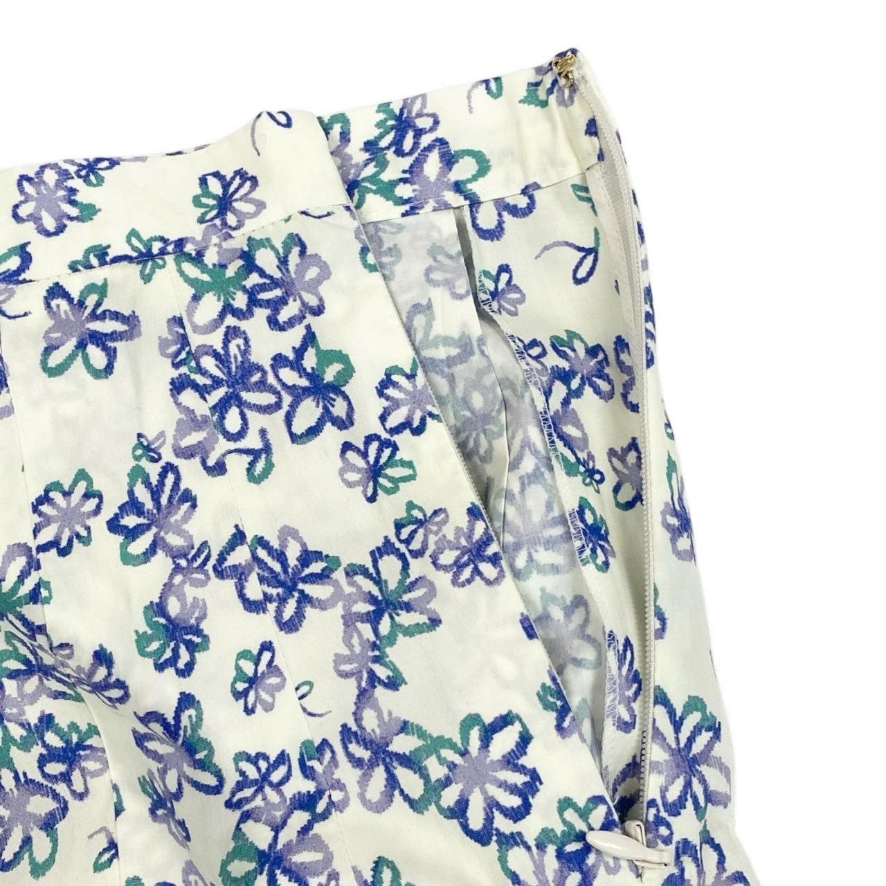 75c13 ROCHAS ロシャス ペイントフラワー 花柄 ロングスカート フレアスカート 40 アイボリー ブルー コットン イタリア製u02t