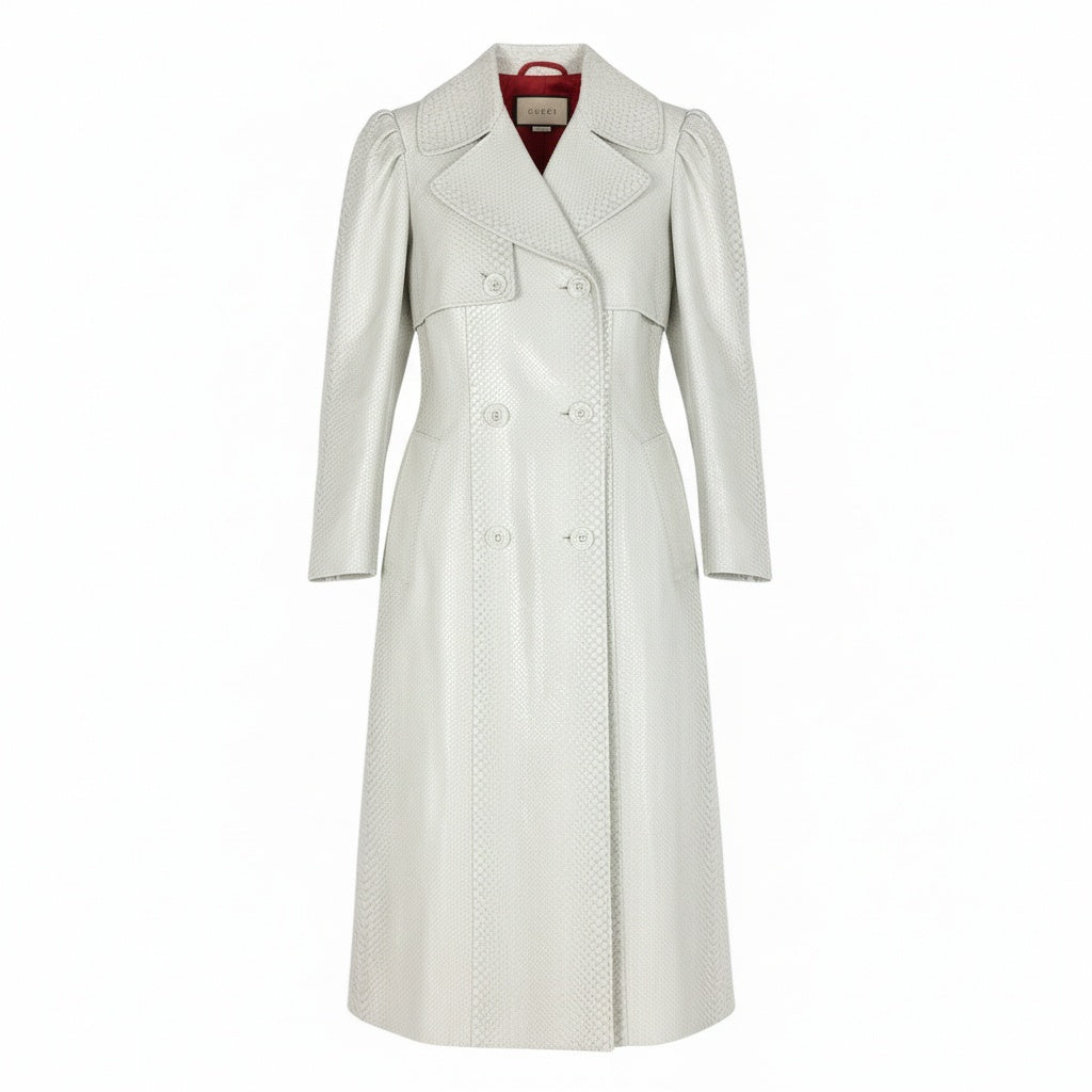 b4【美品】GUCCI グッチ トレンチコート ロングコート ヘビ 裏地 鯉 刺繍 イタリア製 40サイズ ホワイト 蛇革 レディースk02i