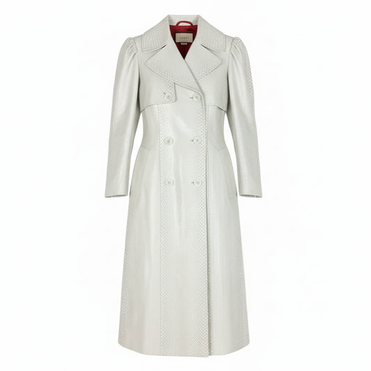 b4【美品】GUCCI グッチ トレンチコート ロングコート ヘビ 裏地 鯉 刺繍 イタリア製 40サイズ ホワイト 蛇革 レディースk02i