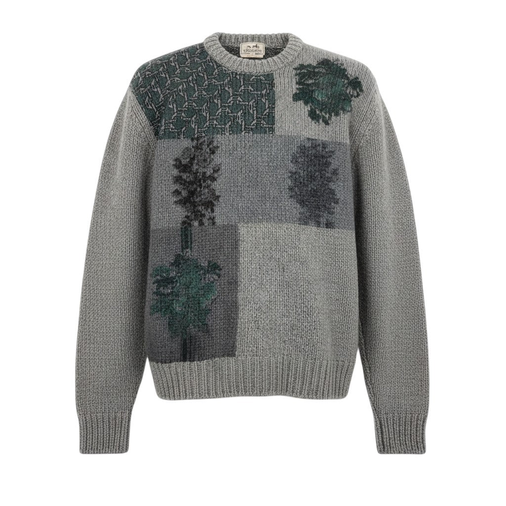 59i15 《未使用品》 HERMES エルメス 23AW Decalcomanie デルコマニー ニット セーター M グレー カシミヤ100 メンズu02t