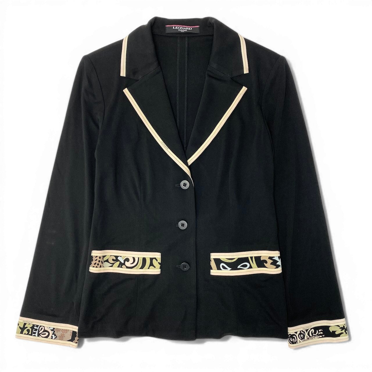 86d9 LEONARD FASHION レオナール テーラードジャケット アンコンジャケット  カンカン素材 ストレッチ素材 薄手 サイズL ブラック レディース 女性用o07t