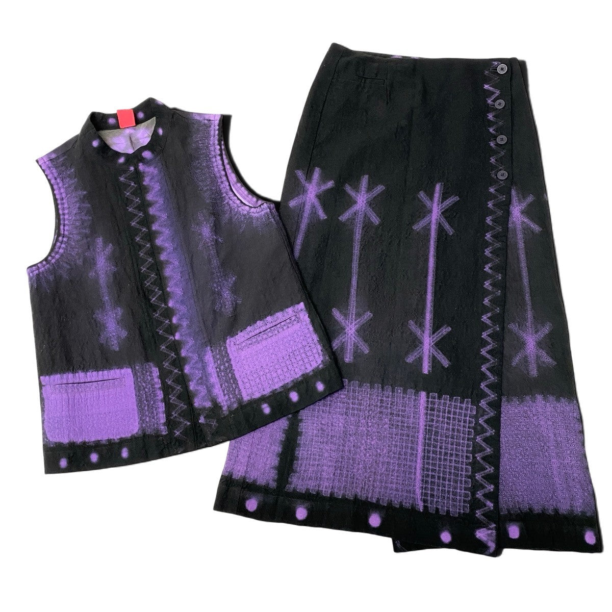 j23 【美品】ISSEY MIYAKE HaaT スカートセットアップ 幾何学転写デザインベスト ロング巻きスカート HA03FE581 2サイズ ブラック パープル レディース 女性用u02t