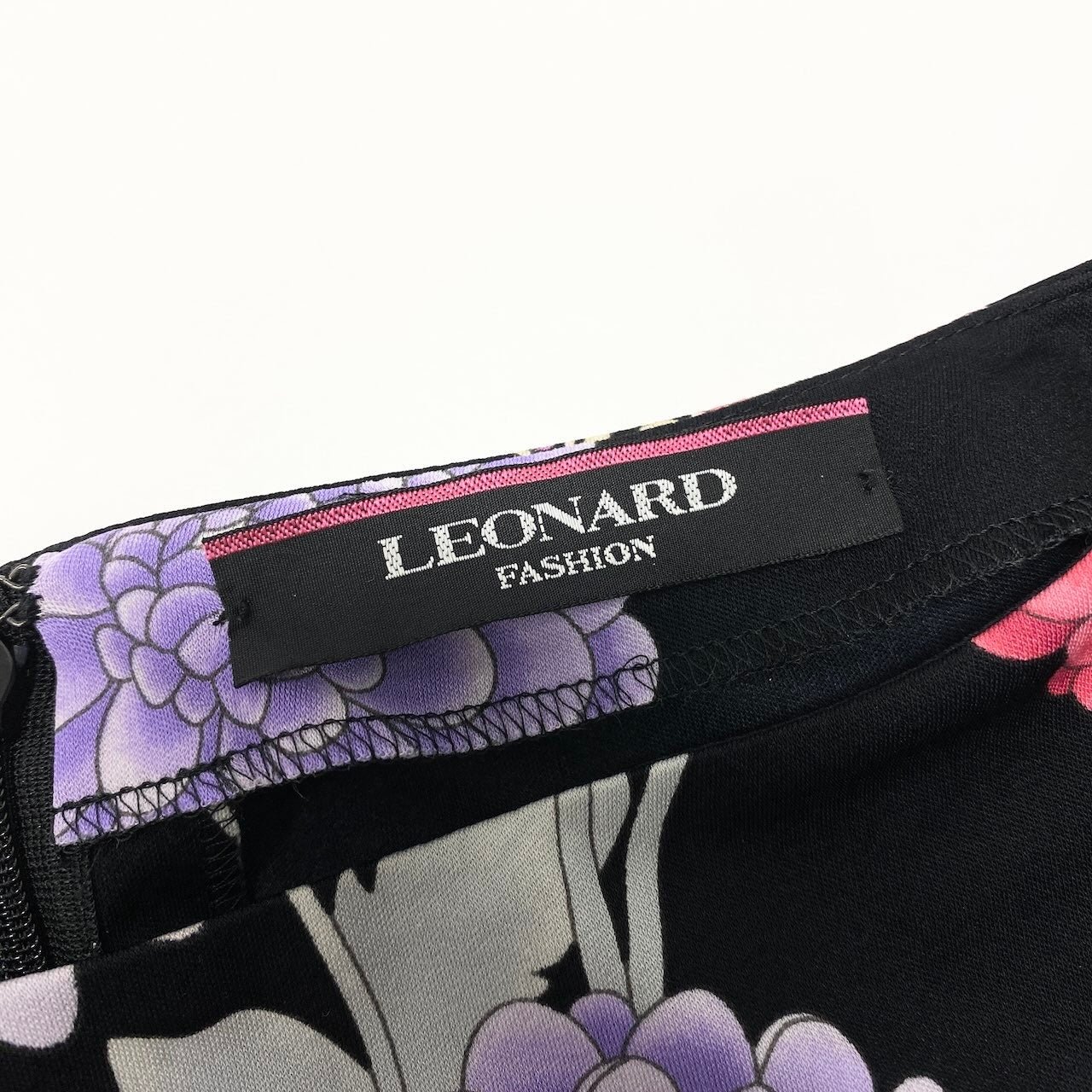 34d12 LEONARD FASHION レオナール ロングスリーブワンピース 膝丈ワンピース 美しい花柄プリント カンカン素材 サイズ40 ブラック レディース 女性用u02t