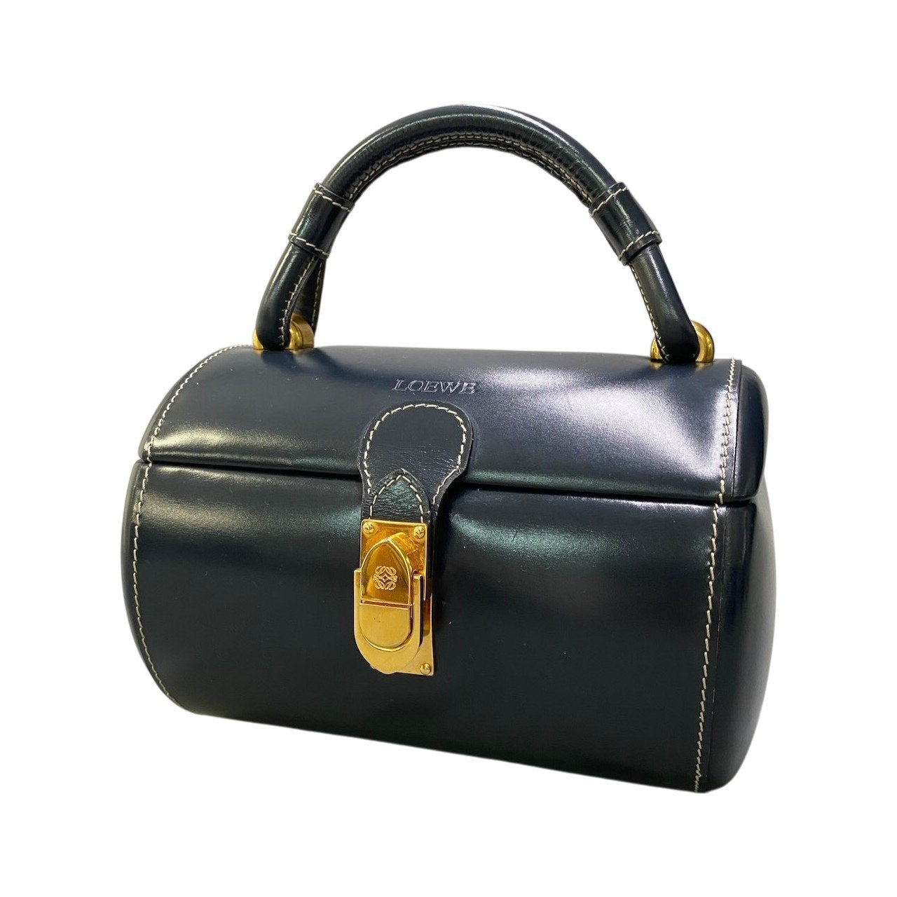 Ad2 LOEWE ロエベ ヴィンテージ ハンドバッグ バニティバッグ アナグラム金具 ネイビー レザー レディースu02t