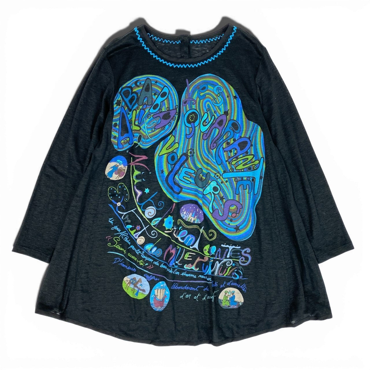 71a23 TOKUKO 1er VOL トクコプルミエヴォル リネン100 長袖ワンピース カットソーワンピース 総柄プリント 9 ブラック リネン レディース 女性用u02t