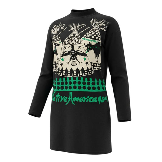 33b27 TOKUKO 1er VOL TOKUKO モックネック チュニックワンピース ロングスリーブ アニマルプリント レディース 女性服 ブラックu02t