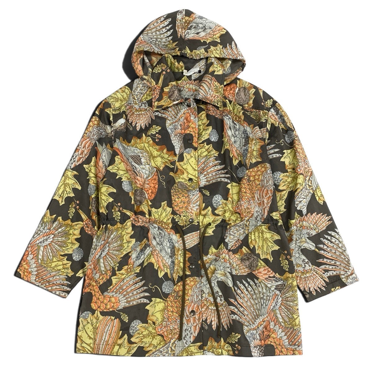 j19 Salvatore Ferragamo フード付きジャケット 鳥 花柄 総柄 ミドル丈 Sサイズ ブラウン系 ポリエステル100％ レディース 女性用u02t