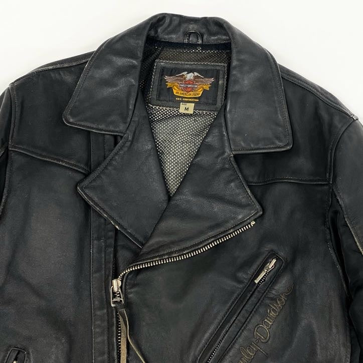 67g24 HARLEY DAVIDSON ハーレーダビッドソン 90周年記念 ダブルライダースjケット レザー ロゴ刺繍 M ブラック 牛革 メンズ_